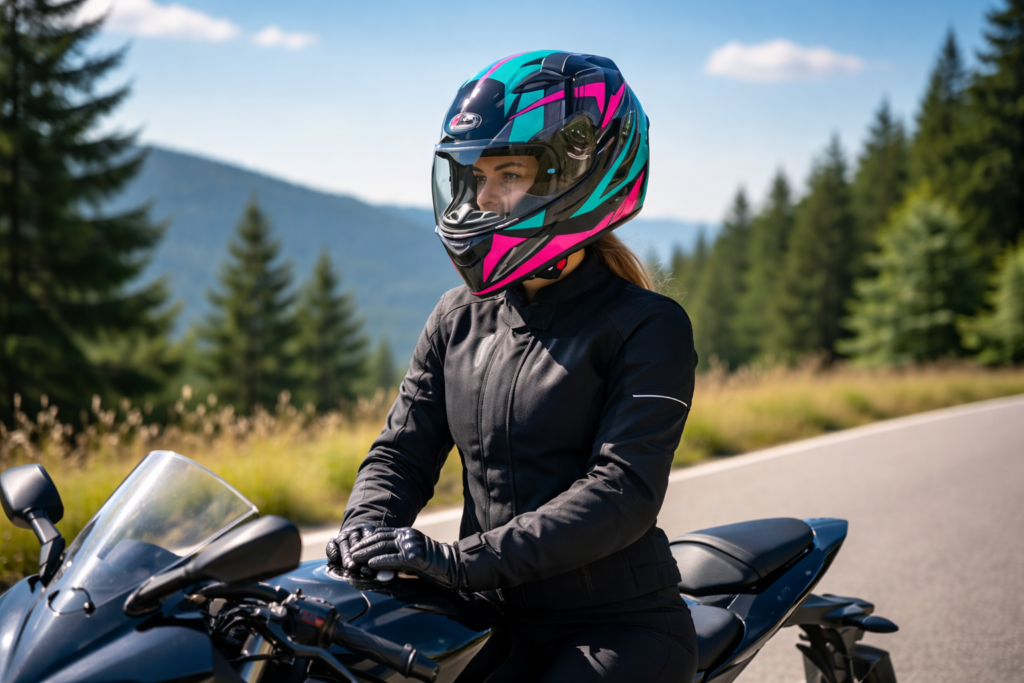 Melhores Capacetes Femininos: 20 Ótimas Opções para Segurança, Conforto e Estilo Melhor capacete feminino sendo utilizado por motociclista em estrada, destacando conforto, segurança e design moderno.