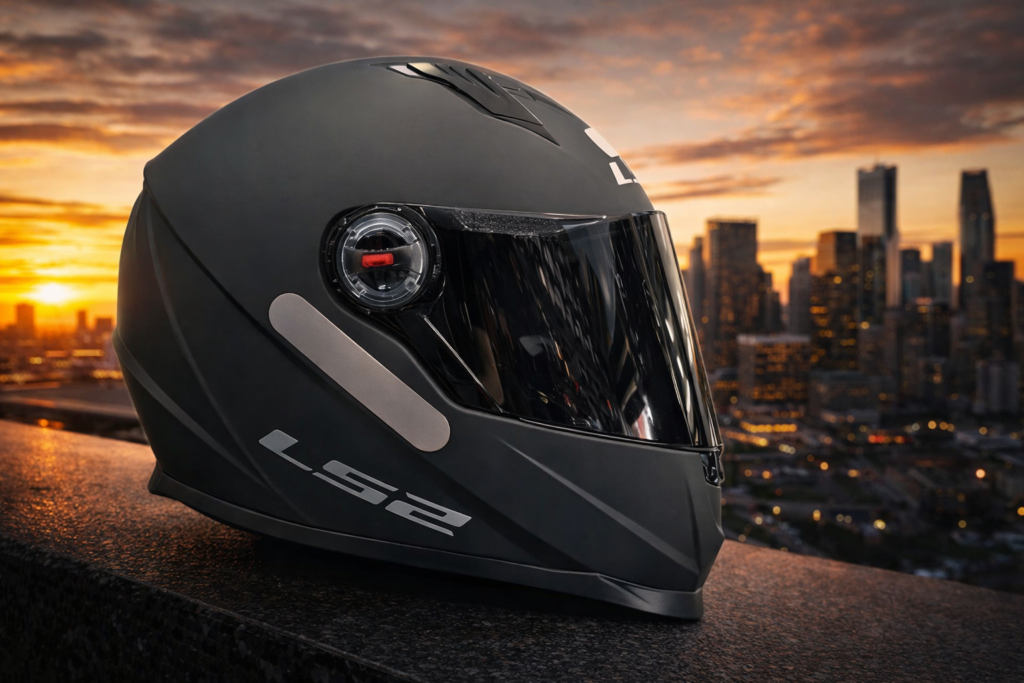 Capacete LS2 é bom? imagem horizontal de capacete LS2 preto fosco com viseira escura em destaque sobre fundo urbano moderno.
