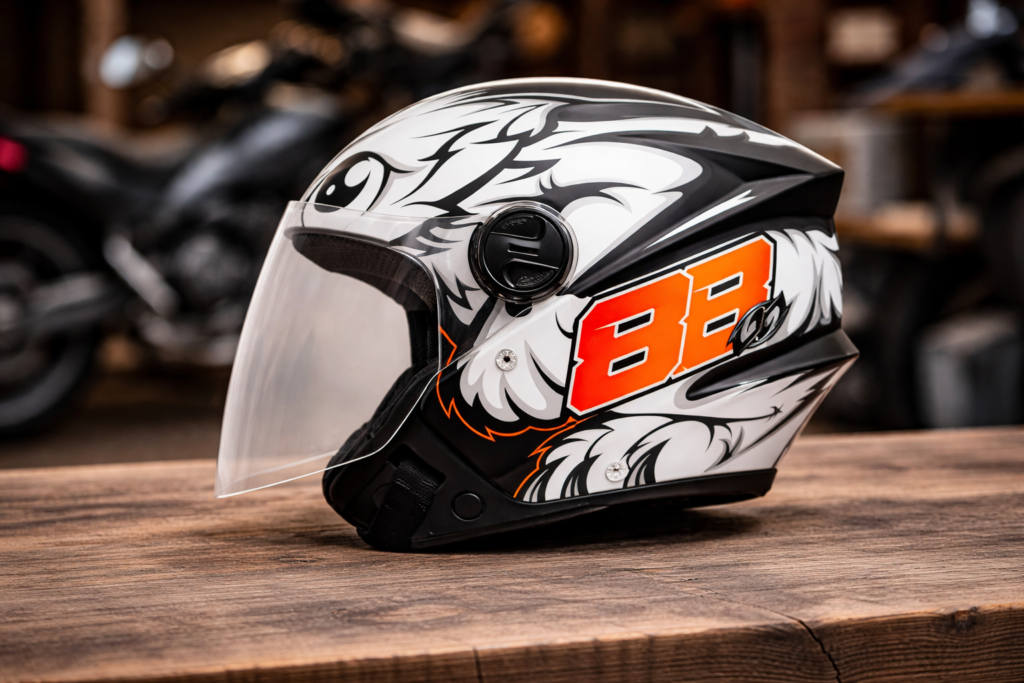 Capacete Pro Tork New Liberty Three com gráfico esportivo e viseira transparente, modelo aberto para uso urbano.