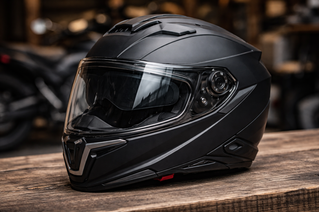 Capacete com óculos interno é bom? Guia completo para escolher o modelo certo Capacete de moto com óculos interno retrátil (viseira solar) integrado, modelo integral preto com viseira transparente e visor escuro interno.