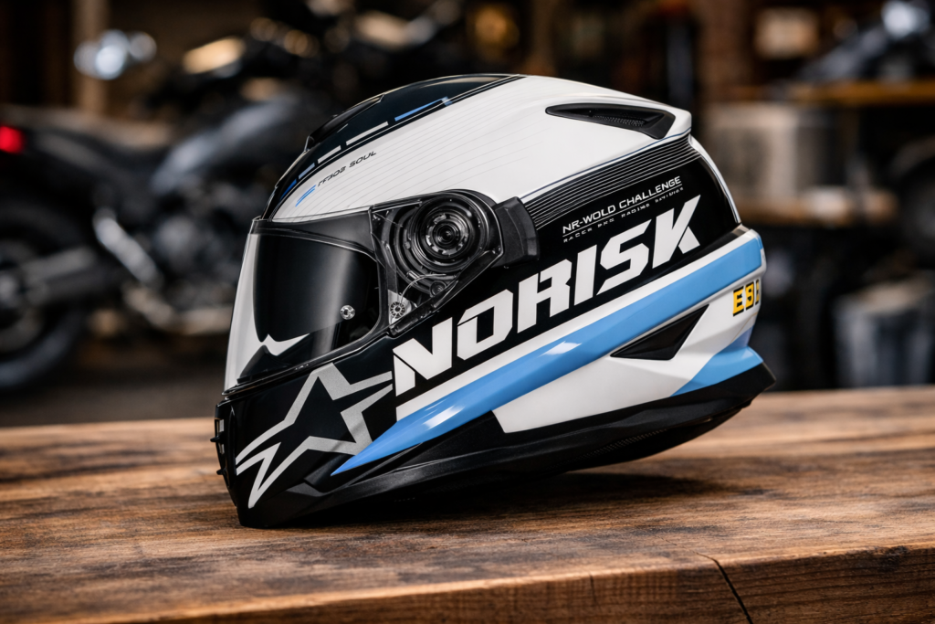 Capacete Norisk FF302 Soul vale a pena? Review completo e análise de desempenho Capacete Norisk FF302 Soul branco e azul com viseira escura, modelo integral esportivo para motociclistas.