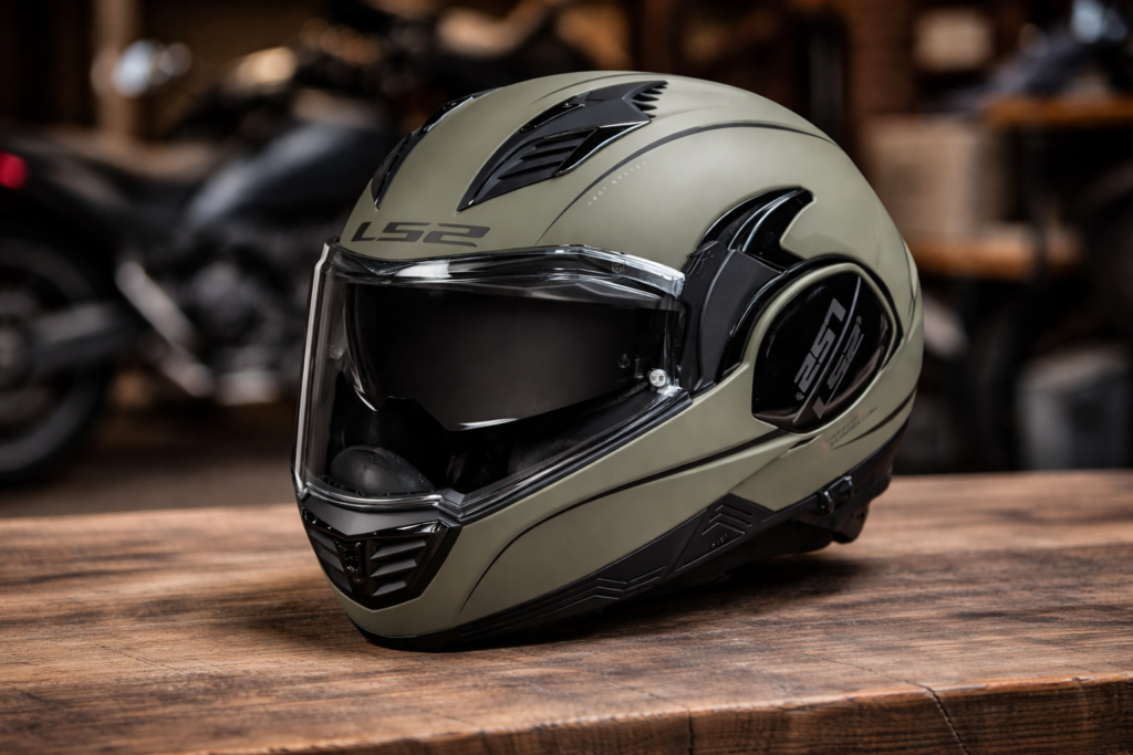 Capacete LS2 Valiant II modular verde oliva com viseira escura e design moderno para motociclistas.