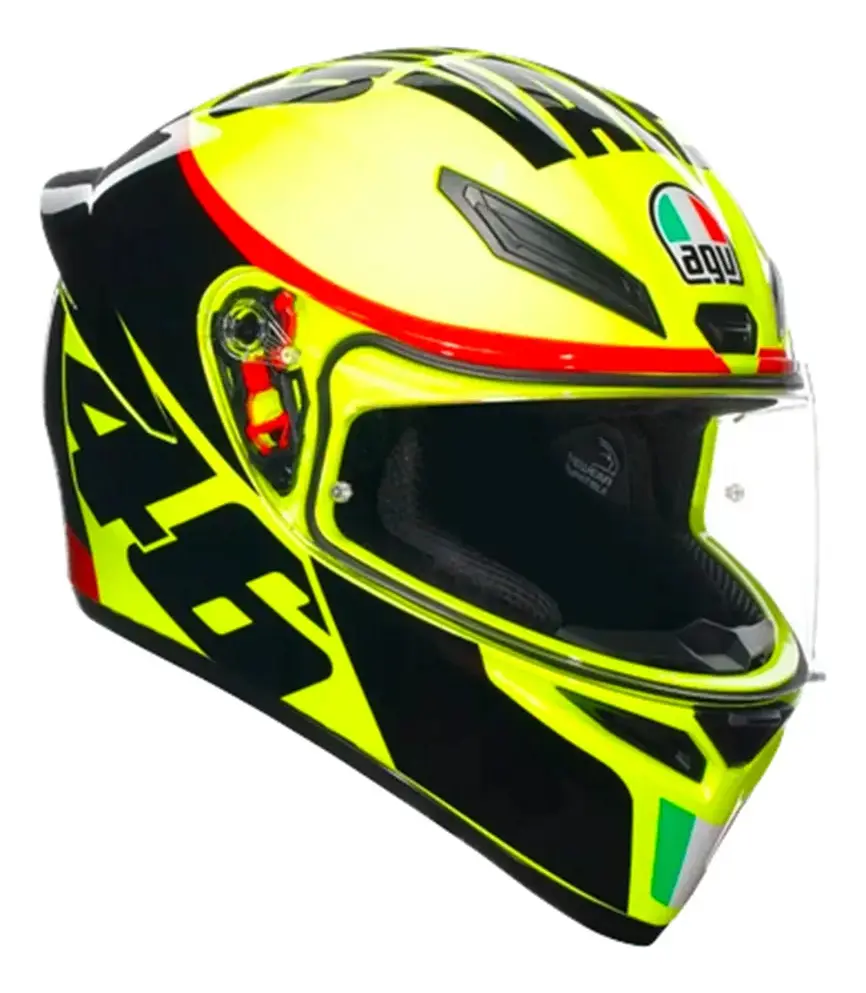 Capacete AGV K1S Bezzecchi 2023, vista frontal lateral esquerda com o escudo AGV
