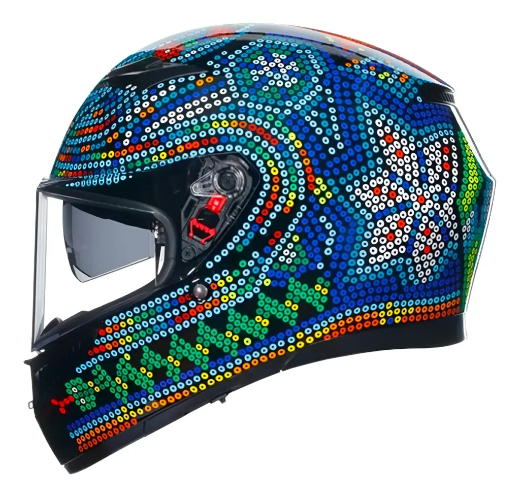 Capacete AGV K3 SV É Bom? Vale a Pena? Capacete AGV K3 SV, vista lateral com estampa colorida em miçangas