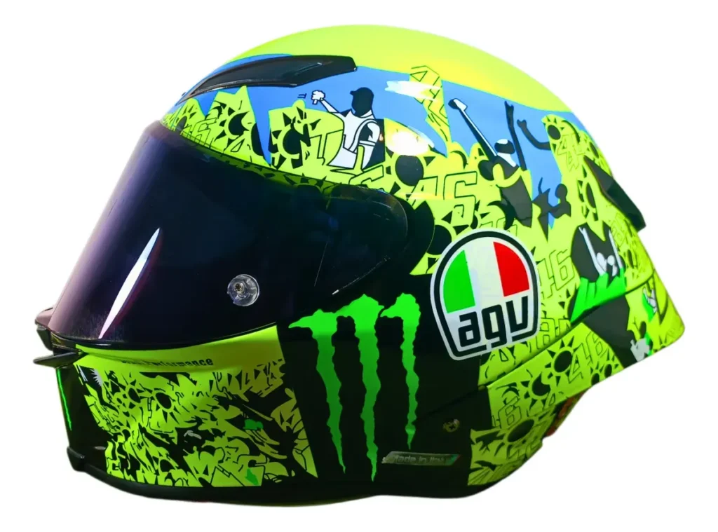 Capacete AGV Pista GP RR, vista lateral esquerda com grafismo verde-limão e viseira escura