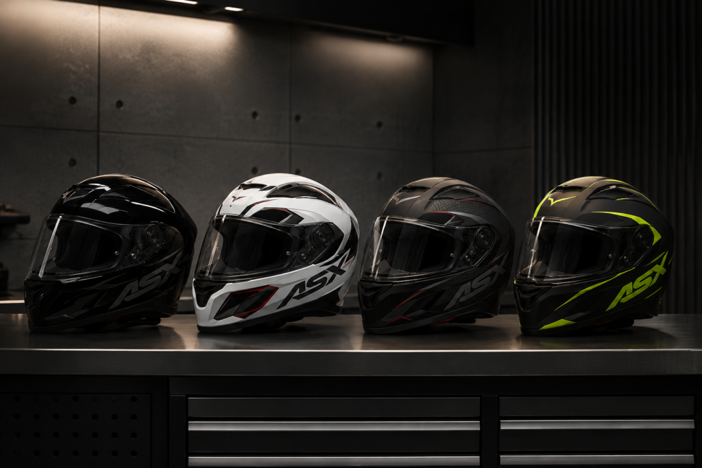 Capacete ASX é Bom? Guia Completo com Todos os Modelos da Marca Linha de capacetes ASX integrais em diferentes cores, vista lateral