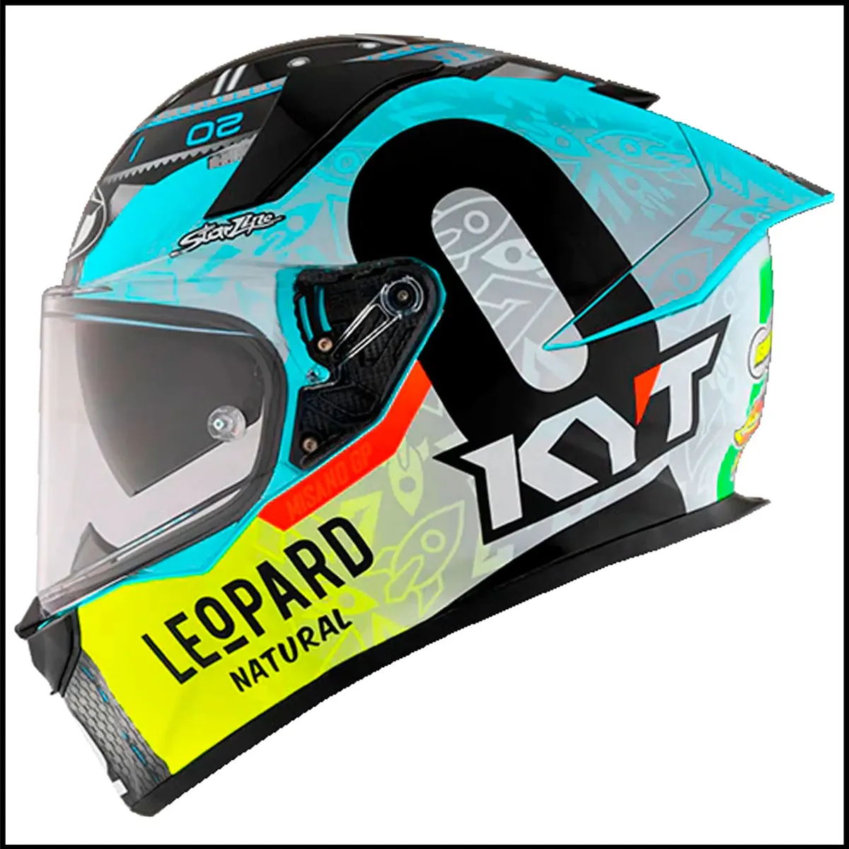 Capacete KYT R2R Max Foggia Misano 2022, vista frontal, acabamento brilhante e óculos interno solar