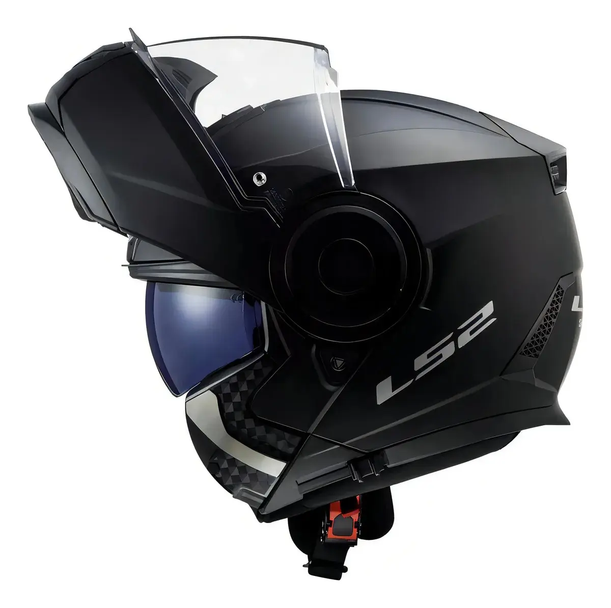 Capacete LS2 FF902 Scope com o queixo articulado aberto, detalhe do mecanismo escamoteável