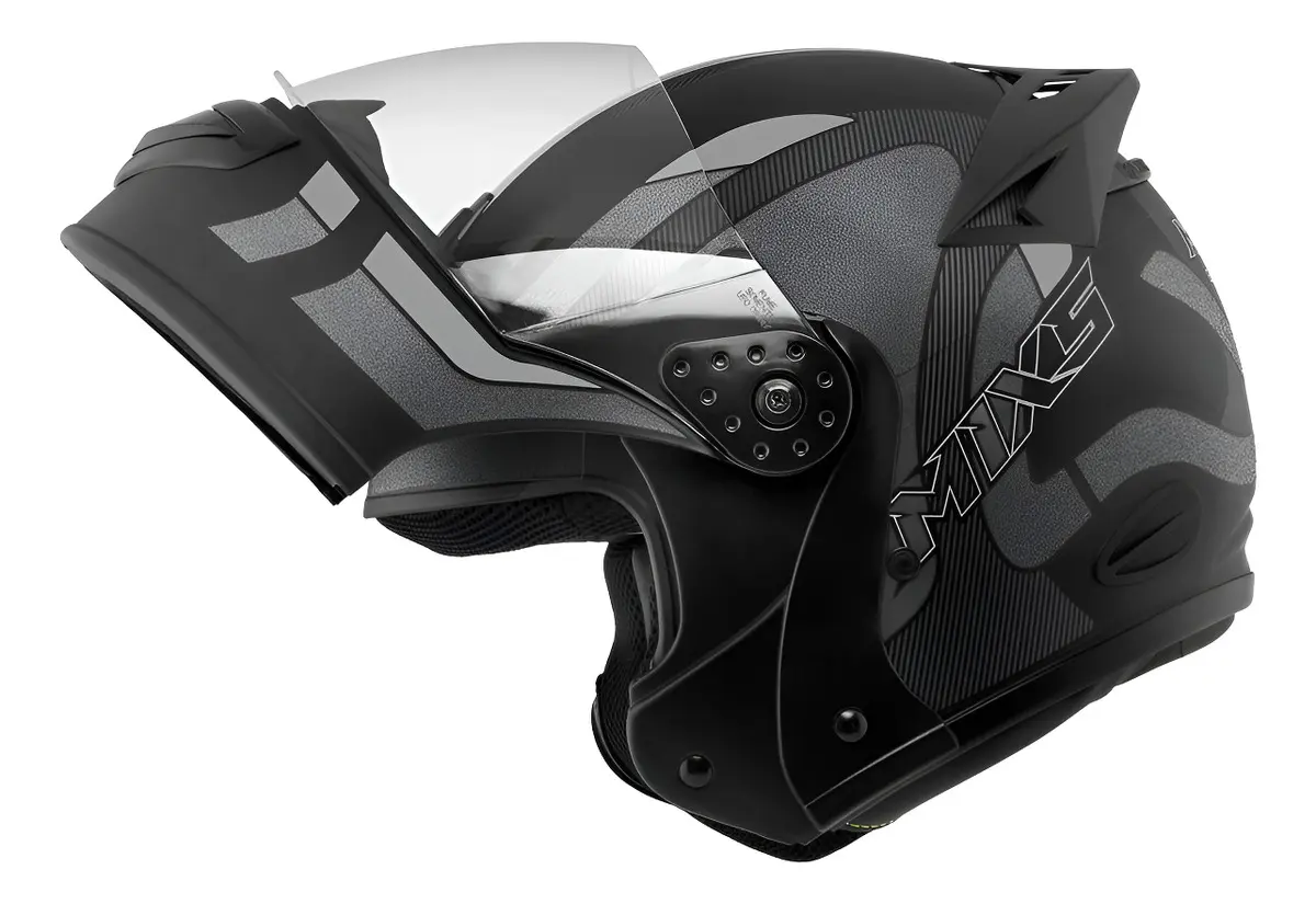 Capacete Mixs Gladiator visto de perfil, com o protetor de queixo articulado fechado
