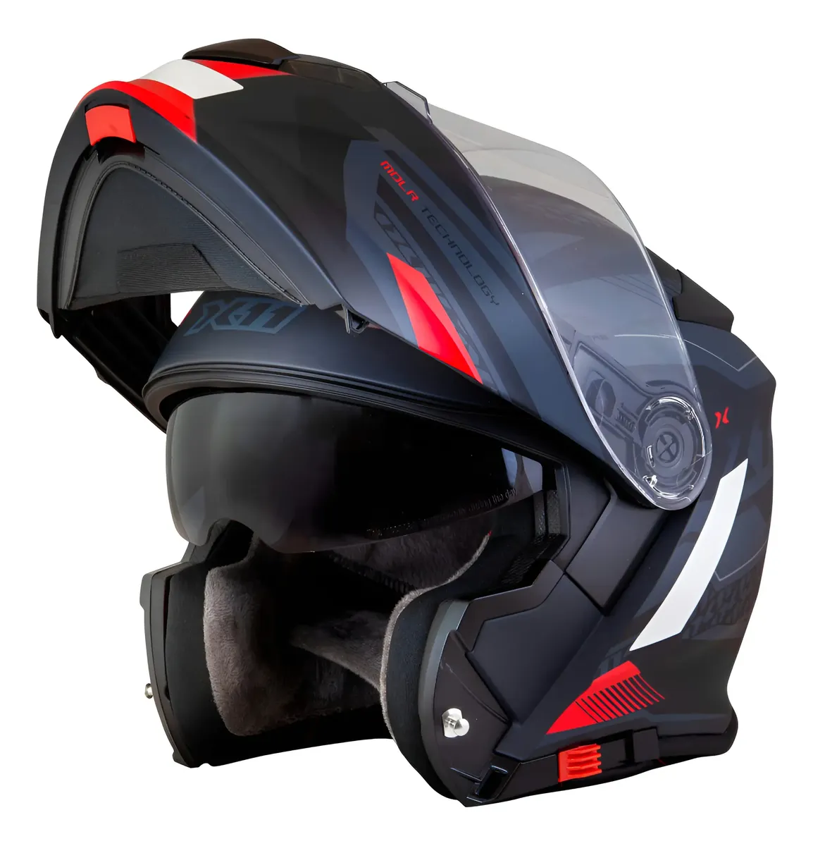 Capacete X11 Turner visto de lado, detalhe do mecanismo escamoteável