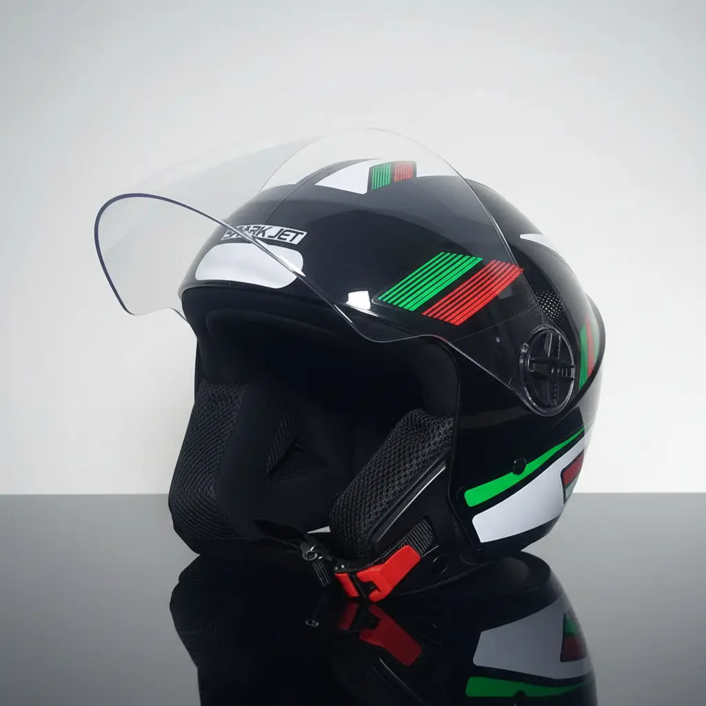 Capacete EBF Spark Jet Sting visto de perfil, mostrando o formato aberto e a viseira de policarbonato