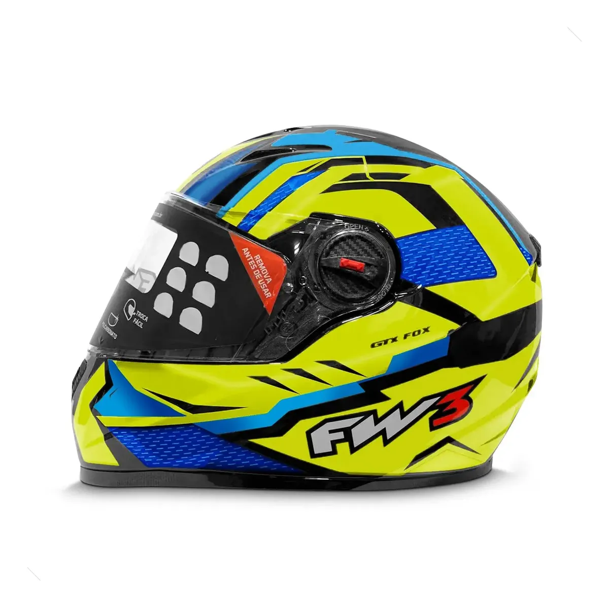 Capacete FW3 GTX Fox vista lateral com casco em ABS brilhante