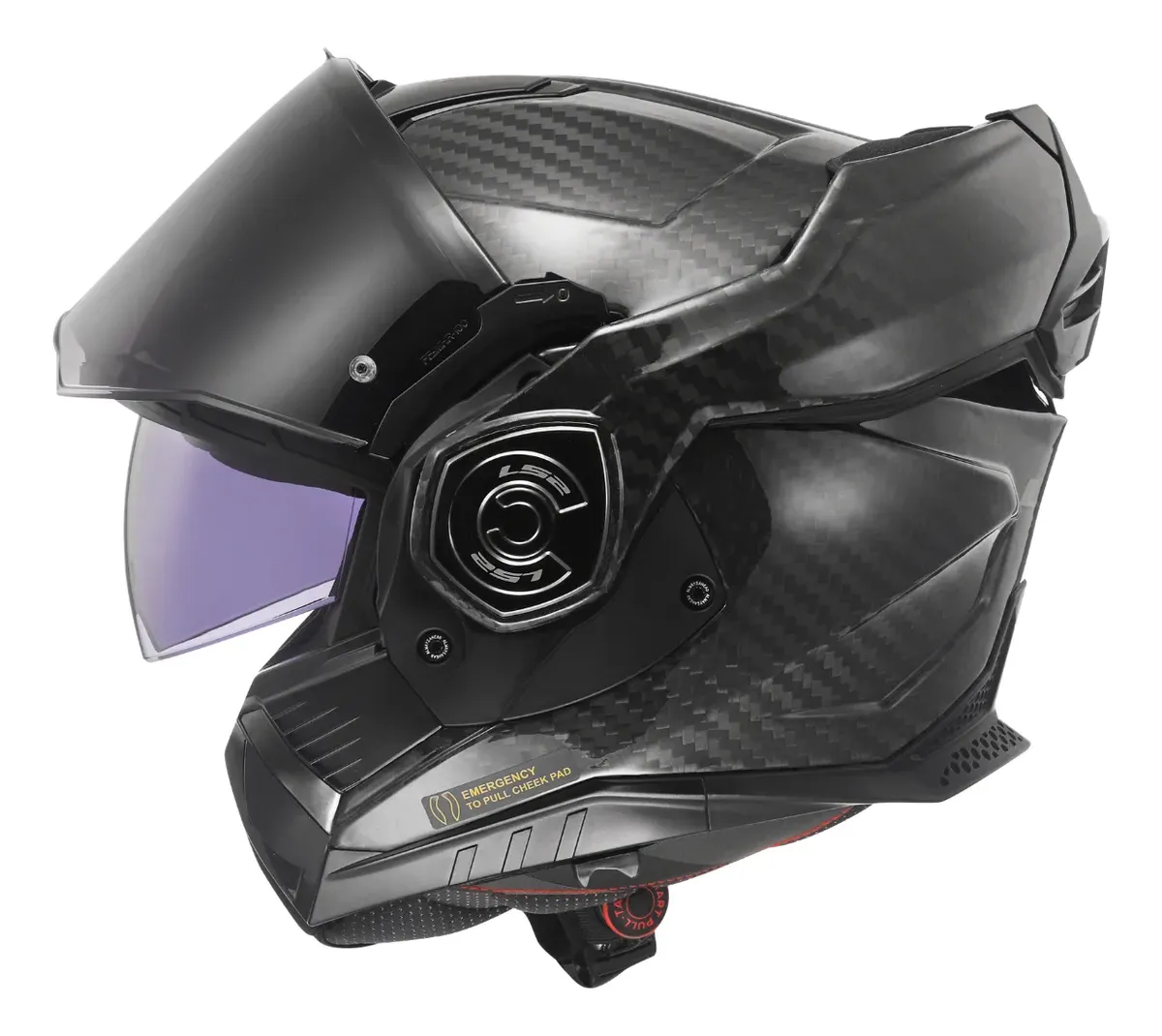 Capacete LS2 Advant X Carbon FF901 com queixeira articulada aberta, detalhe do casco em carbono