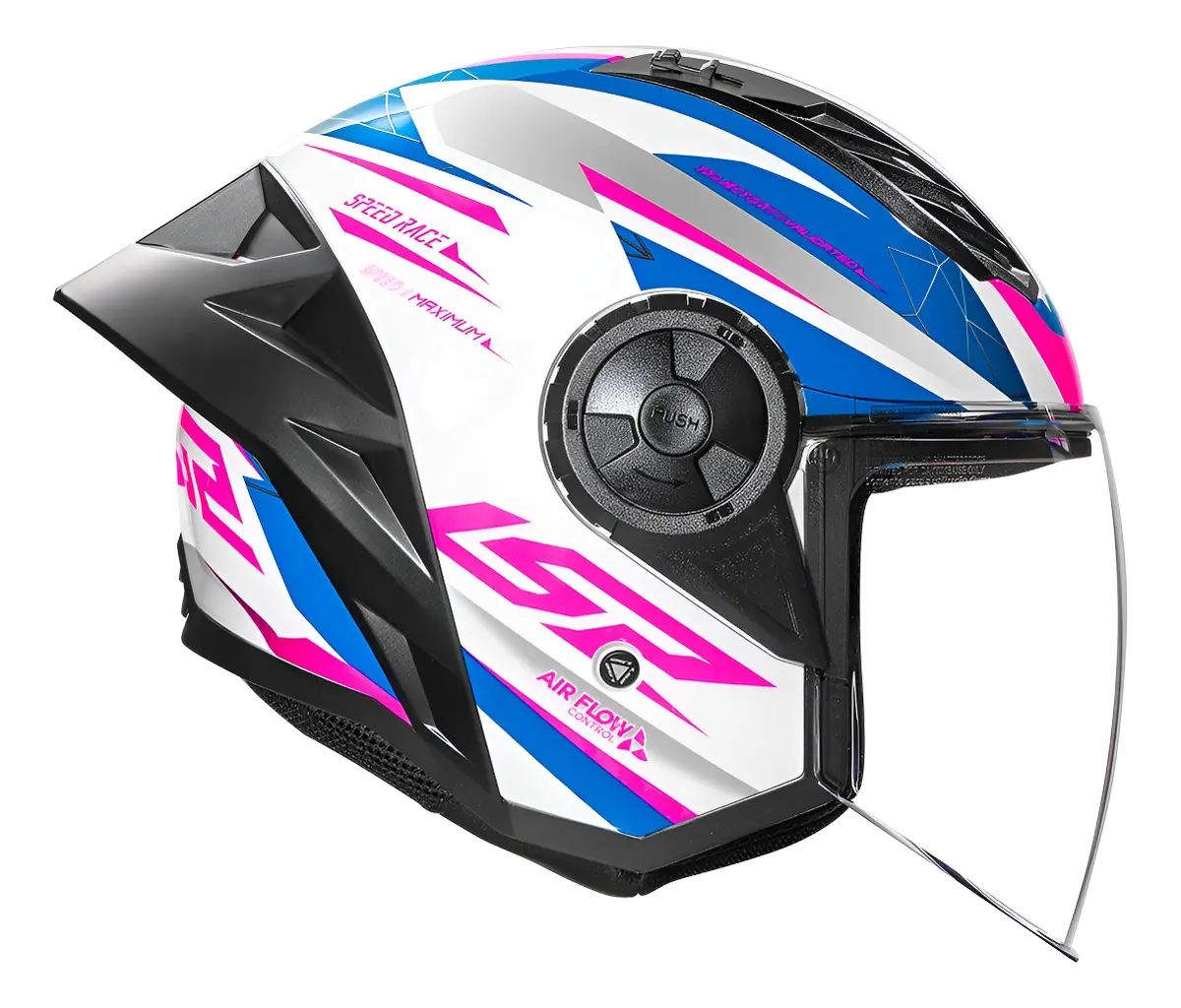 Capacete LS2 Airflow II aberto visto de perfil, com spoiler traseiro integrado