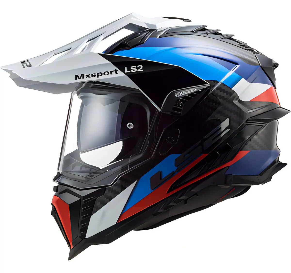 Capacete LS2 Explorer Carbon na cor branco, azul e vermelho, vista lateral com viseira aberta
