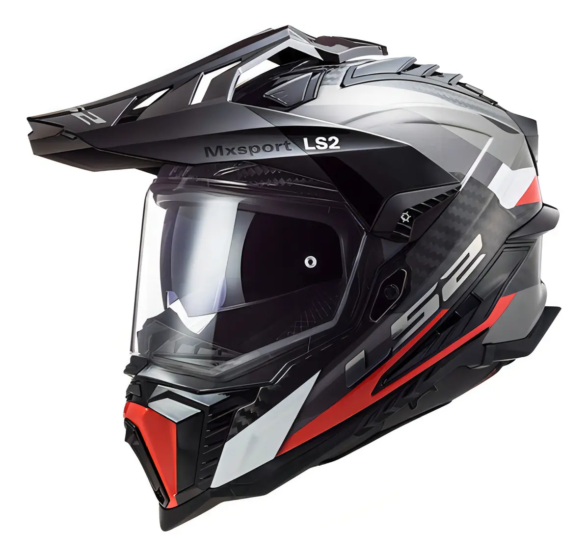 Capacete LS2 Explorer Carbon dual sport na cor preto, vermelho e cinza, vista lateral com viseira aberta