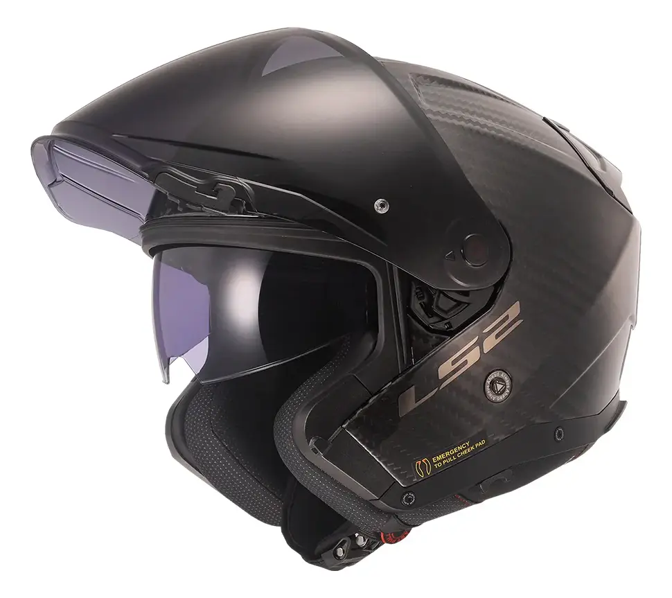 Capacete LS2 Infinity II OF603 visto em outro angulo, mostrando acabamento em carbono
