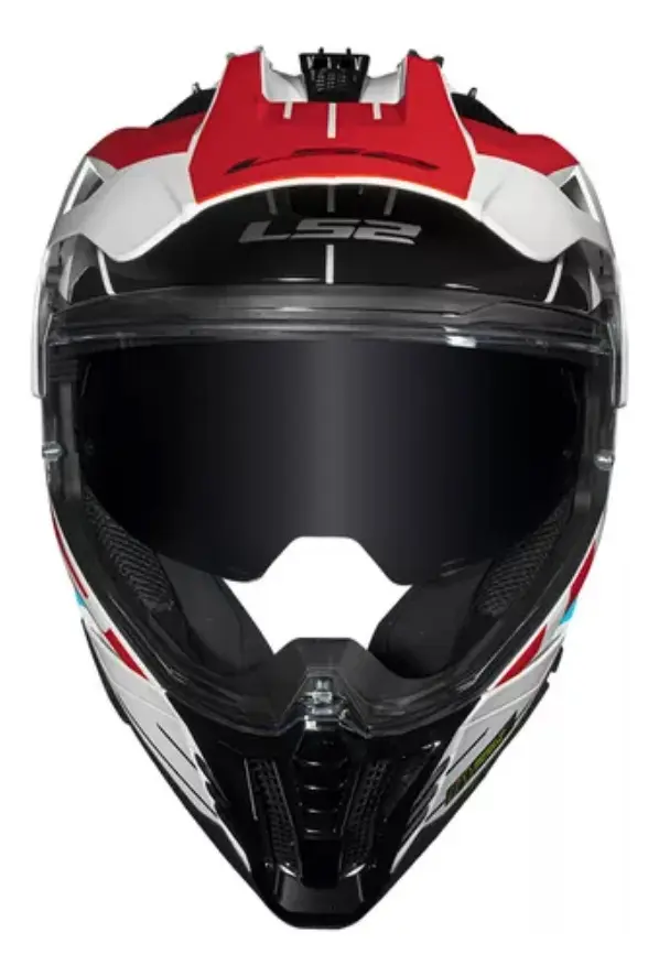 Capacete LS2 Pioneer II MX702 vale a pena? Review completo do dual-sport Capacete LS2 Pioneer II MX702 visto de frente, com a viseira externa fechada