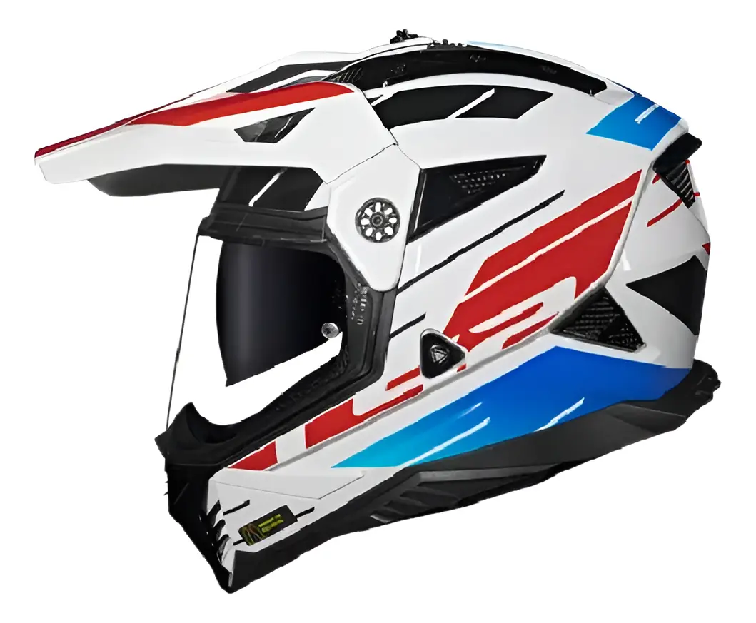 Capacete LS2 Pioneer II MX702 em vista lateral, com pala levantada