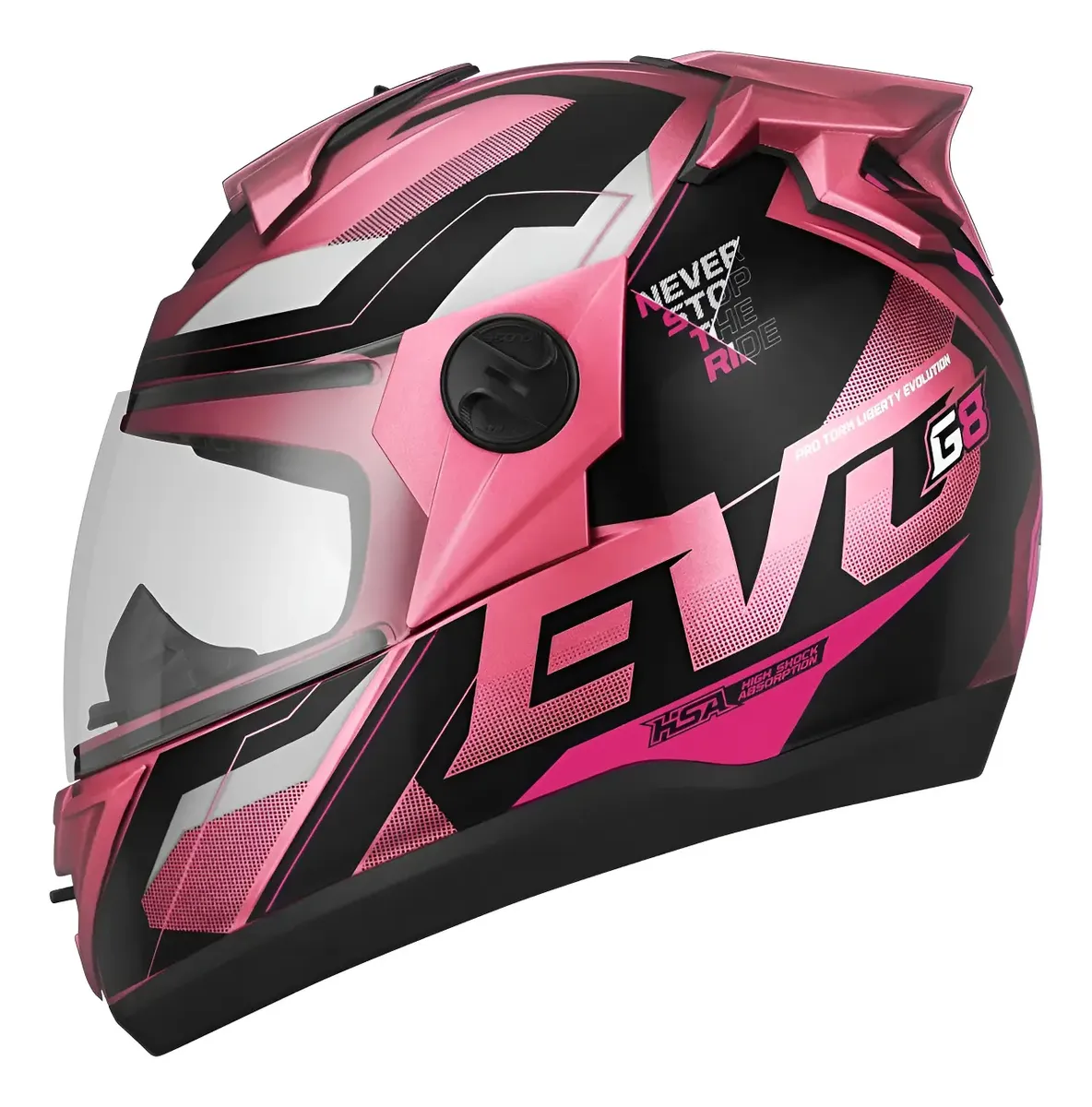 Capacete Pro Tork G8 EVO com a viseira cristal instalada e o fechamento micrométrico