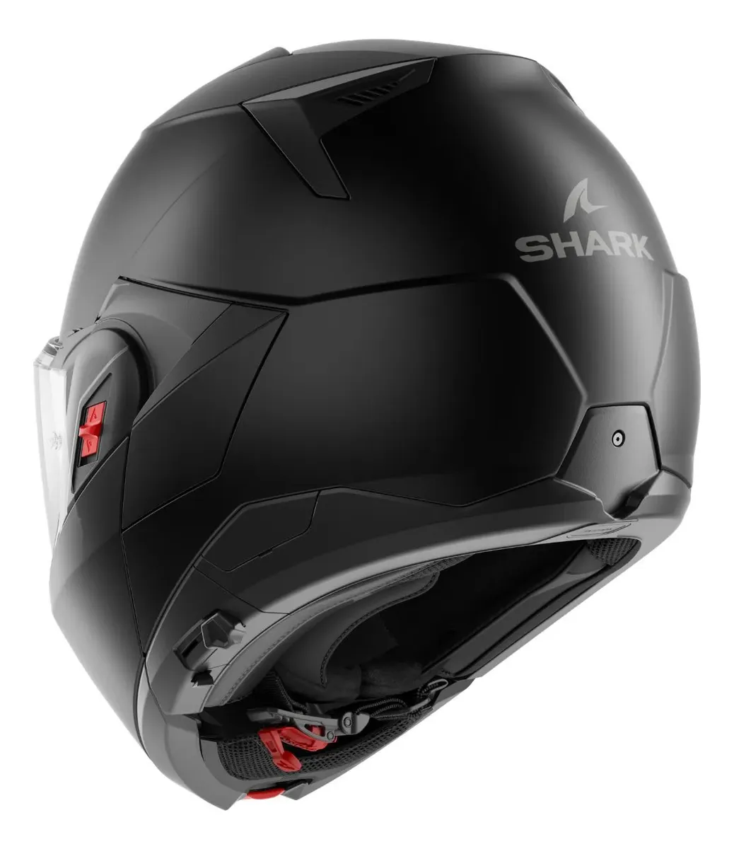 Capacete Shark Oxo Blank KMA, detalhe do sistema de abertura e queixeira