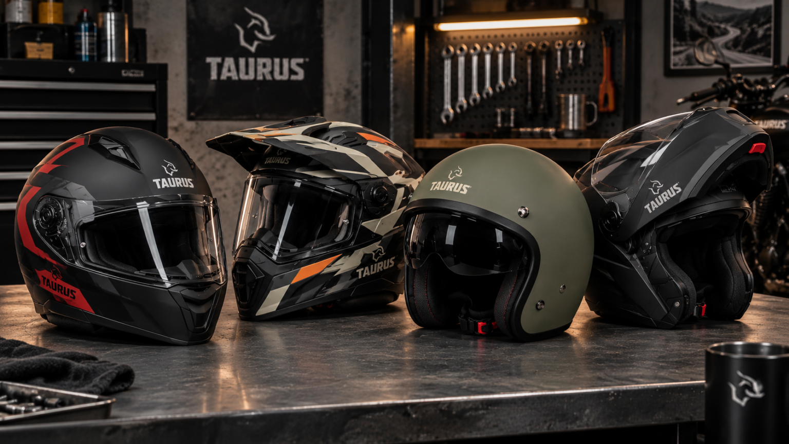 Capacete Taurus é Bom? Guia Completo com Todos os Modelos da Marca Quatro capacetes Taurus lado a lado em oficina: integral, adventure, aberto e modular, com a logo da marca ao fundo